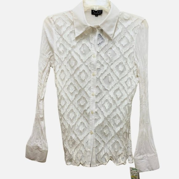 Women White Shirts Lace Front Long sleeve Collared Button Down Size M NWT - Picture 3 of 9